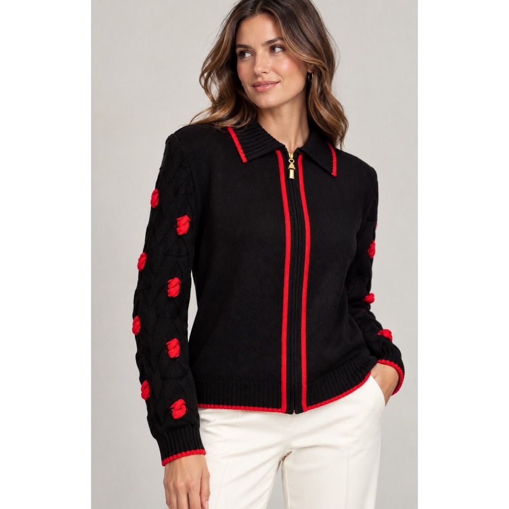 St. John Collection by Marie Gray Black Knit Full Zip Cardigan Rope Detail 14